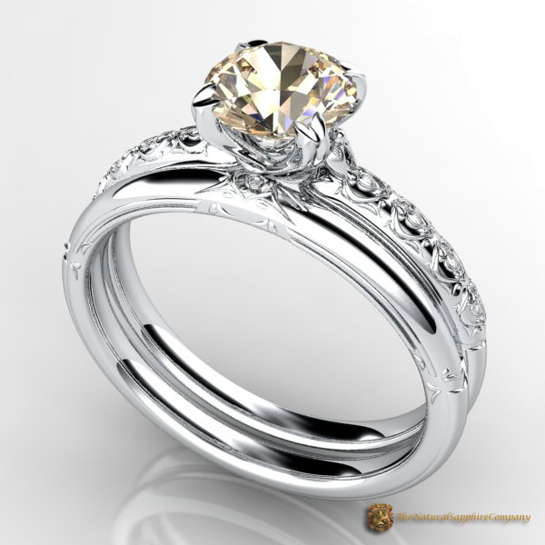 Custom Designed Natural Untraeted Orange Sapphire Engagement Ring and Wedding Band