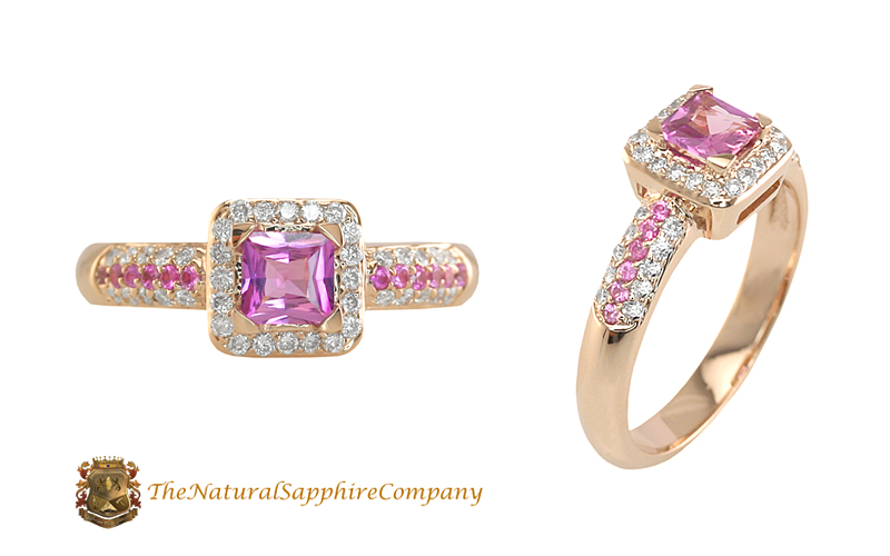 Natural Untreated Princess Cut Pink Sapphire Ring with pave set Diamonds and Pink Sapphires