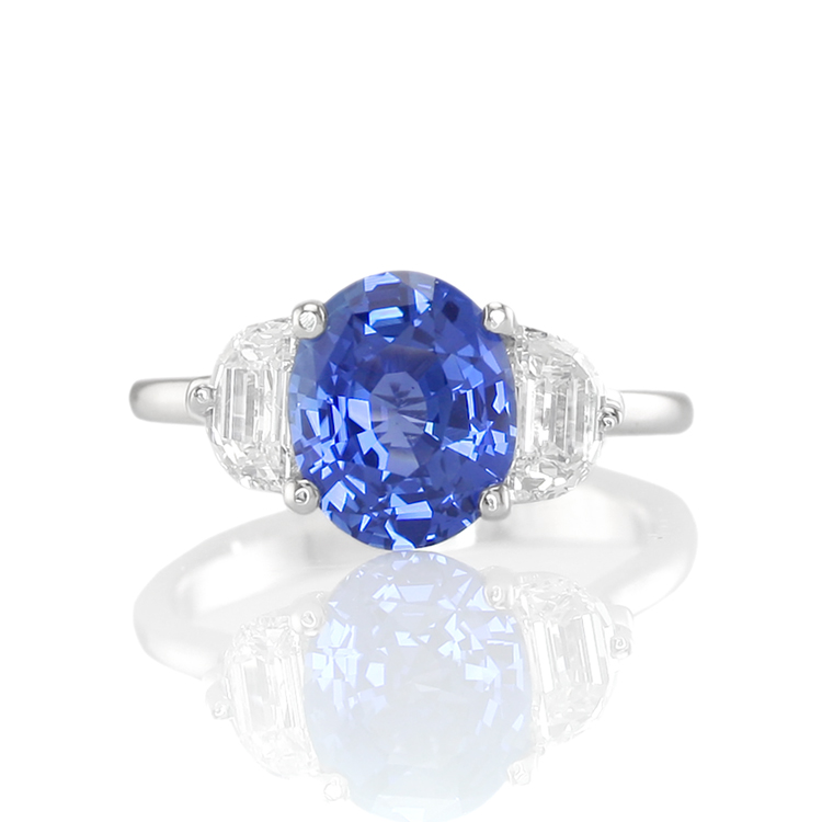 Custom Natural Untreated Blue Sapphire Three Stone Ring