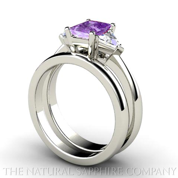 Natural Purple Sapphire Three Stone Engagement Ring and Wedding Band