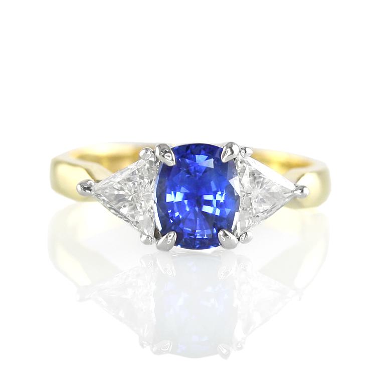 Natural Untreated Blue Sapphire Three Stone Ring with Diamonds