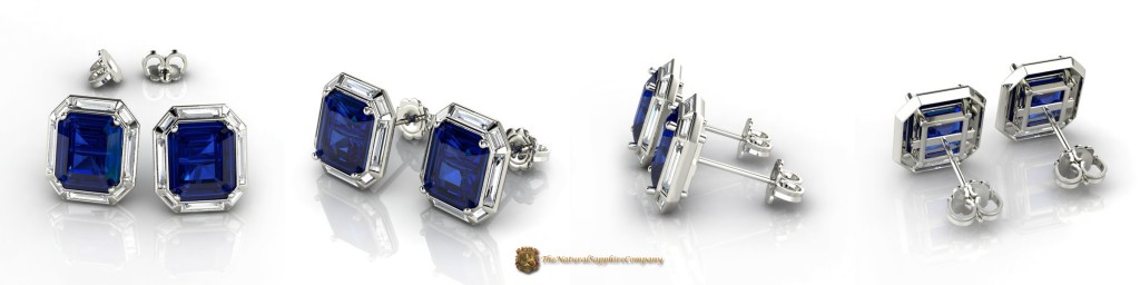 Natural Untreated Emerald Cut Blue Sapphire Earrings with Eight Baguette Diam0nds
