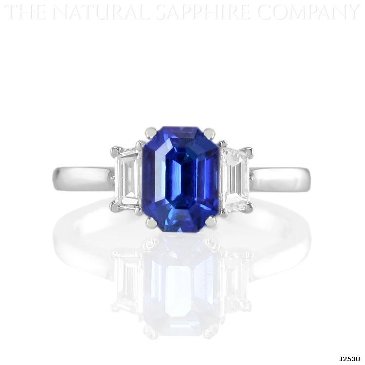 Natural Untreated Emerald Cut Blue Sapphire and Diamond Three Stone Ring