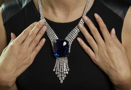 File picture of a Christie's staff member wearing "The Blue Belle of Asia" in Geneva