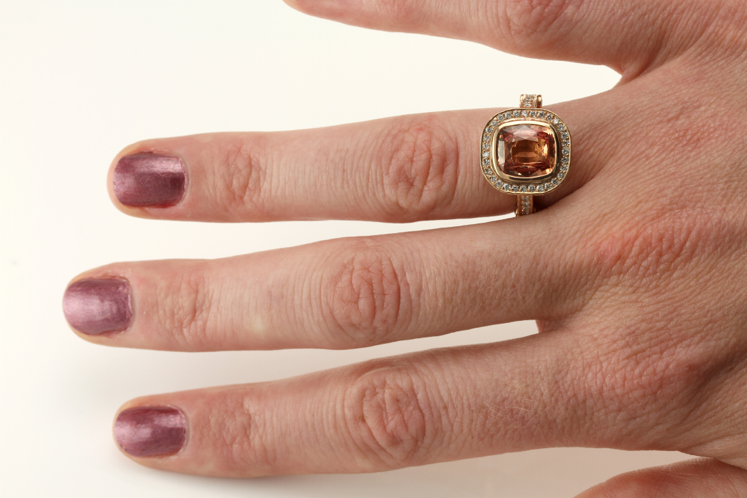 cognac sapphire ring on hand