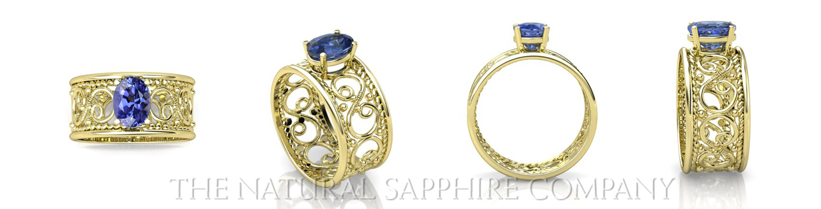 different views of blue sapphire rings in yellow gold