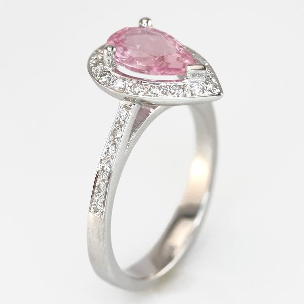 Pear shaped pink sapphire ring halo design with tapered pave shank