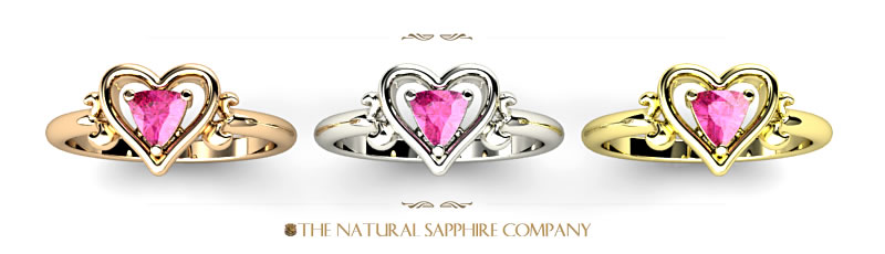 heart shaped pink sapphire rings in the rose, white and yellow gold