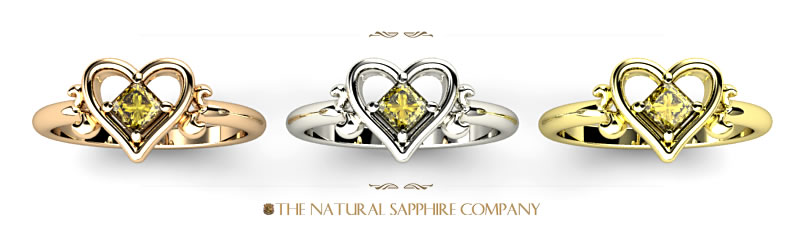 heart shaped yellow sapphire rings in rose, white and yellow gold