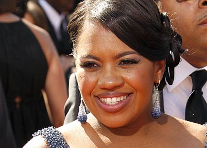 Grey’s Anatomy’s Chandra Wilson in brilliant blue sapphire and diamond briolette drop earrings at the Emmy Awards