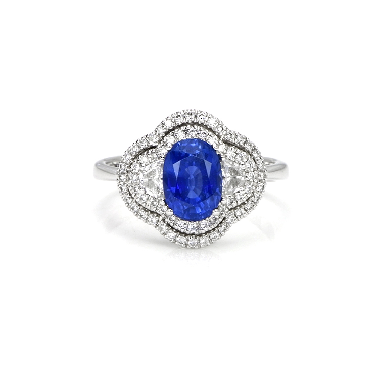 1.80-carat oval Ceylon blue sapphire halo ring in 18K white gold, item J5799