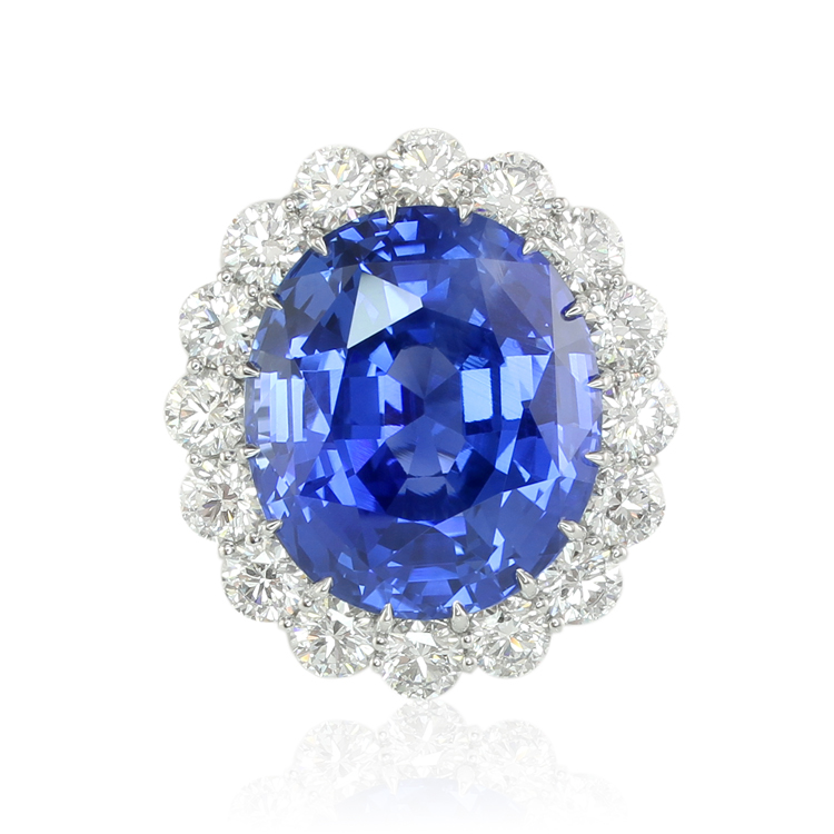 69.35-carat oval Ceylon blue sapphire ring with 16 round diamonds in platinum, item J2565